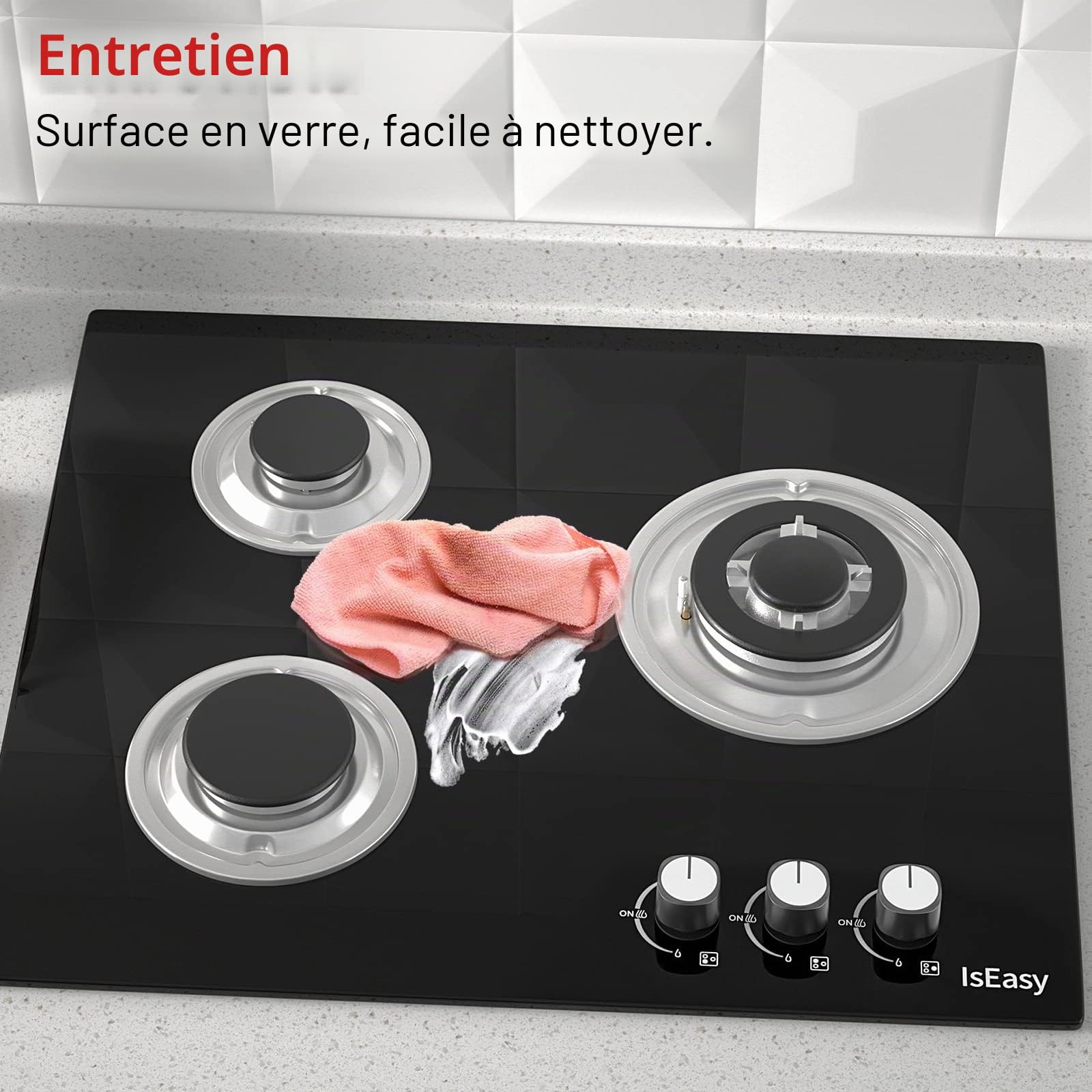 Plaque Gaz 3 Feux, Table de Cuisson 60cm Encastrable, Naturel/Propane