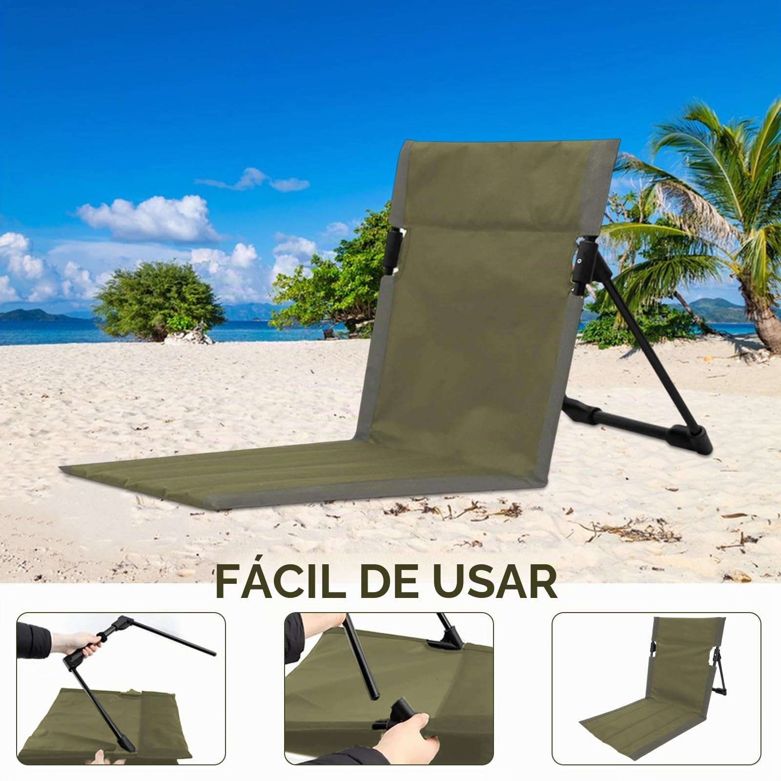 Cojín de asiento para exterior, silla de playa plegable, cojín para silla de playa con respaldo, silla de suelo, cojín plegado, cojín de playa, plegable para camping, pícnic, pesca (verde oliva)