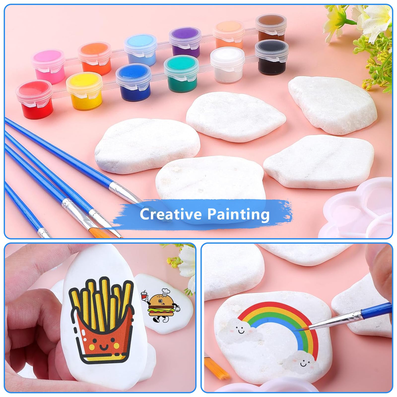 Lot 14 Galets Plats Blancs 3-8 Cm + Peintures – Pour Peinture DIY, Décoration Jardin, Vase, Activités Créatives