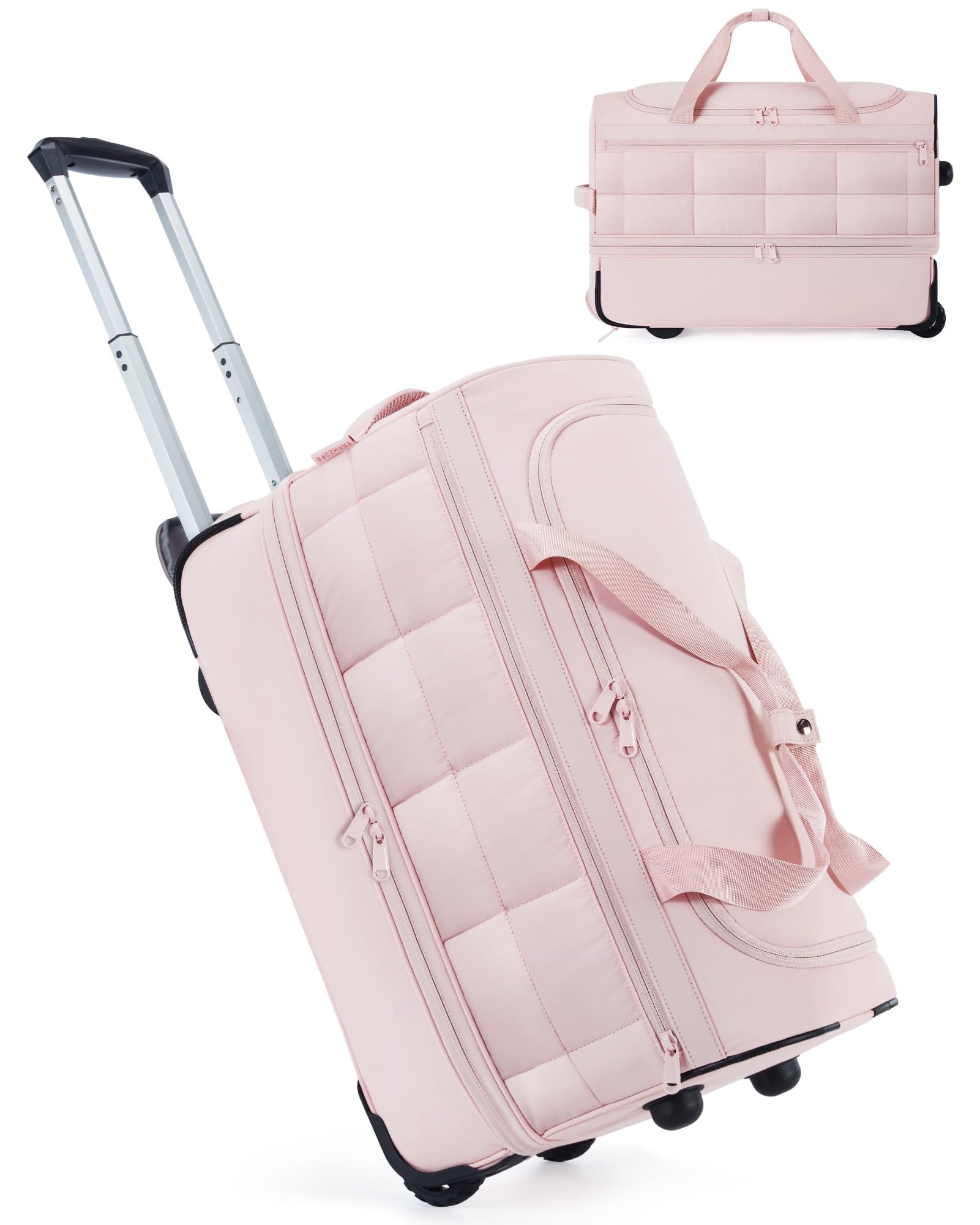 BAGSMART Rolling Duffle Bag with Wheels, Carry On Bag Duffel Bag for Travel, Wet Pocket Duffle with Wheels and Handle, Blush Pink, 40L