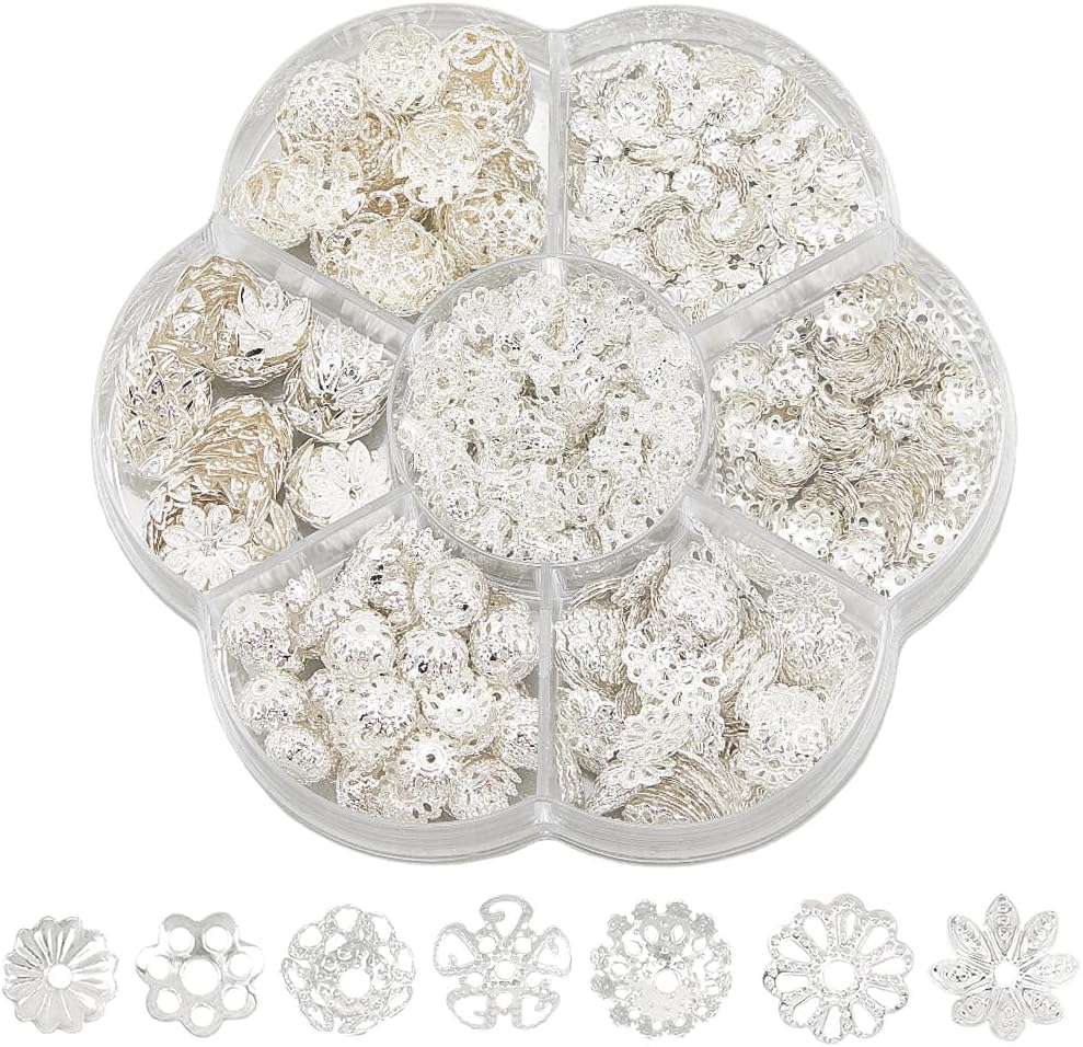 7 Styles 800PCS Silver Flower Bead Caps with Hole Iron Assorted Hollow Multi Petal Metal Finding Ends Filigree Loose Spacer Beads Cap for Jewelry Making Bracelets Necklaces Diy Craft Supply