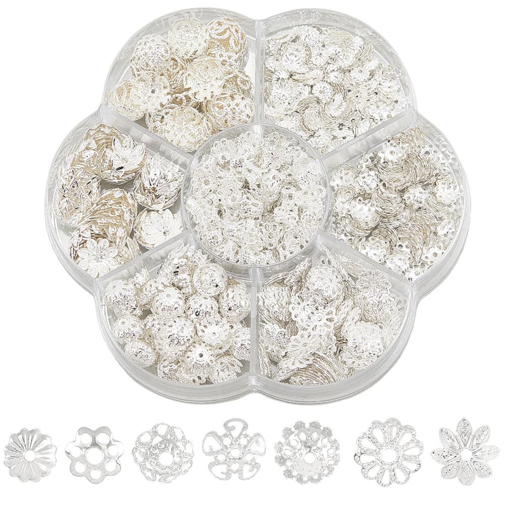 PONABEADIY 7 Styles 800PCS Iron Bead Caps with Hole Flower Charms Silver Assorted Hollow Metal Multi Petal Finding Ends Spacer Bead Caps for Jewellery Making Bracelets Necklaces Earrings Diy Crafts