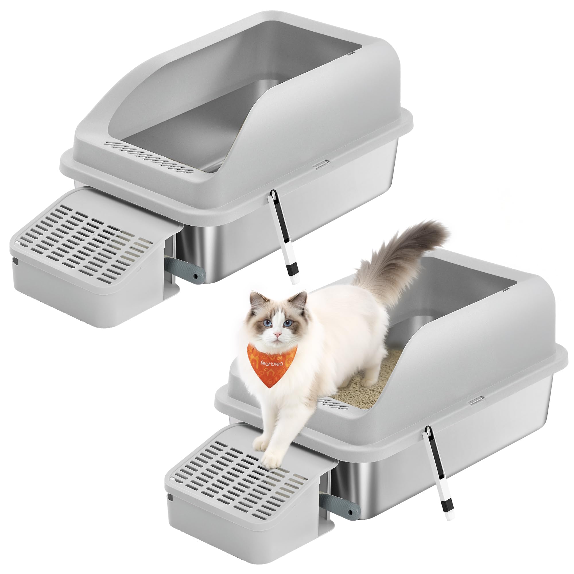 Feandrea 2 Pack Stainless Steel Cat Litter Boxes with Open Top, High Sided Litter Trays with Step, Scoop, Brush, for Cats up to 33 lb, Dove Gray UPPT012GD01
