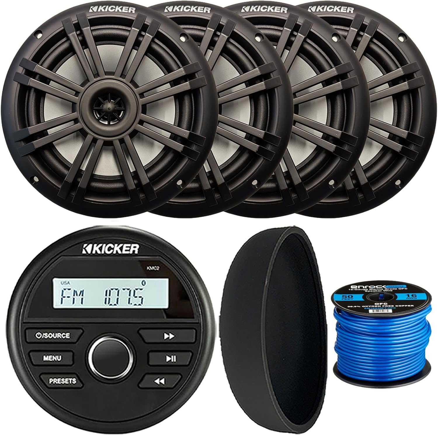 KICKER 46KMC2 Marine Bluetooth All-Weather AM/FM USB/AUX Gauge Style Media Center Receiver W/Black Cover, 4X 6.5 150W Max Power 2-Way Black Boat Audio Speakers, 50 Feet 16 Gauge Speaker Wire