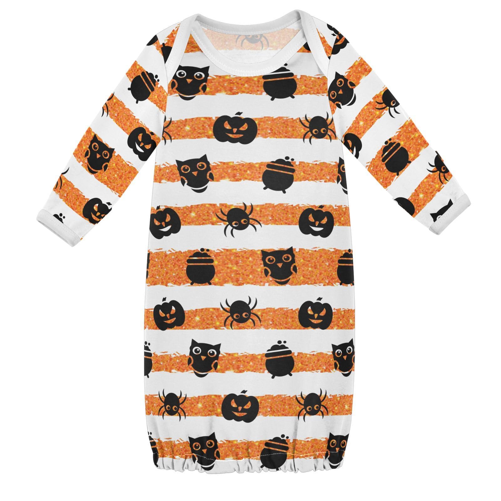 WIFIU Pumpkin Spider Halloween Baby Girls Boys Sleeper Gown Cotton Nightgown Long Sleeve, Orange Stripes Owl Baby Nightdress Sleeping Clothes for Newborn 0-3 Months