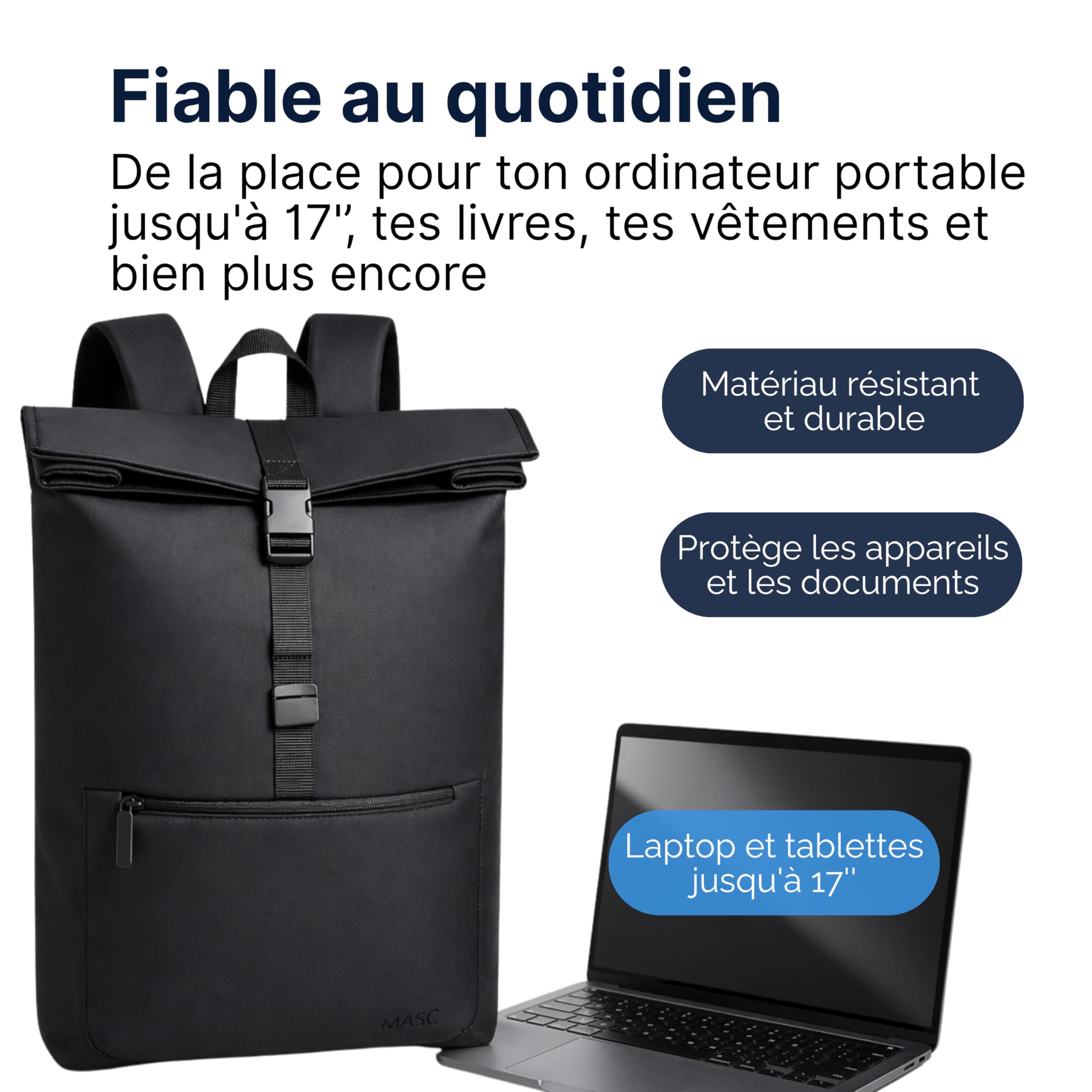 MASC Sac à dos Rolltop Business, sac à dos urbain élégant porte-PC 17 pouces, extensible et idéal pour les voyages, le bureau et l'université