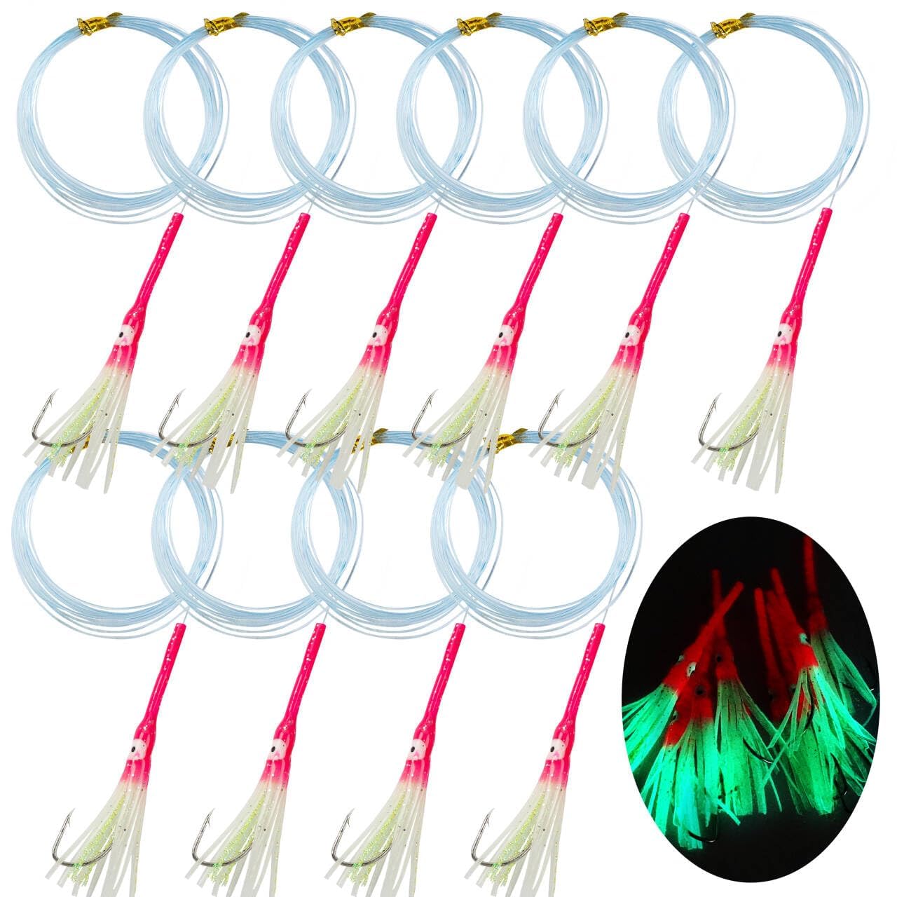 Fishing Squid Bait Rigs Set,10pcs Glow Octopus Skirts Lure Rig Pre-Tied Long Mouth Trolling Lures with 2M Mono Line Sharp Hook or Bass Stripers Halibut Trout Tuna Saltwater Deep Drop Fishing(Pink)