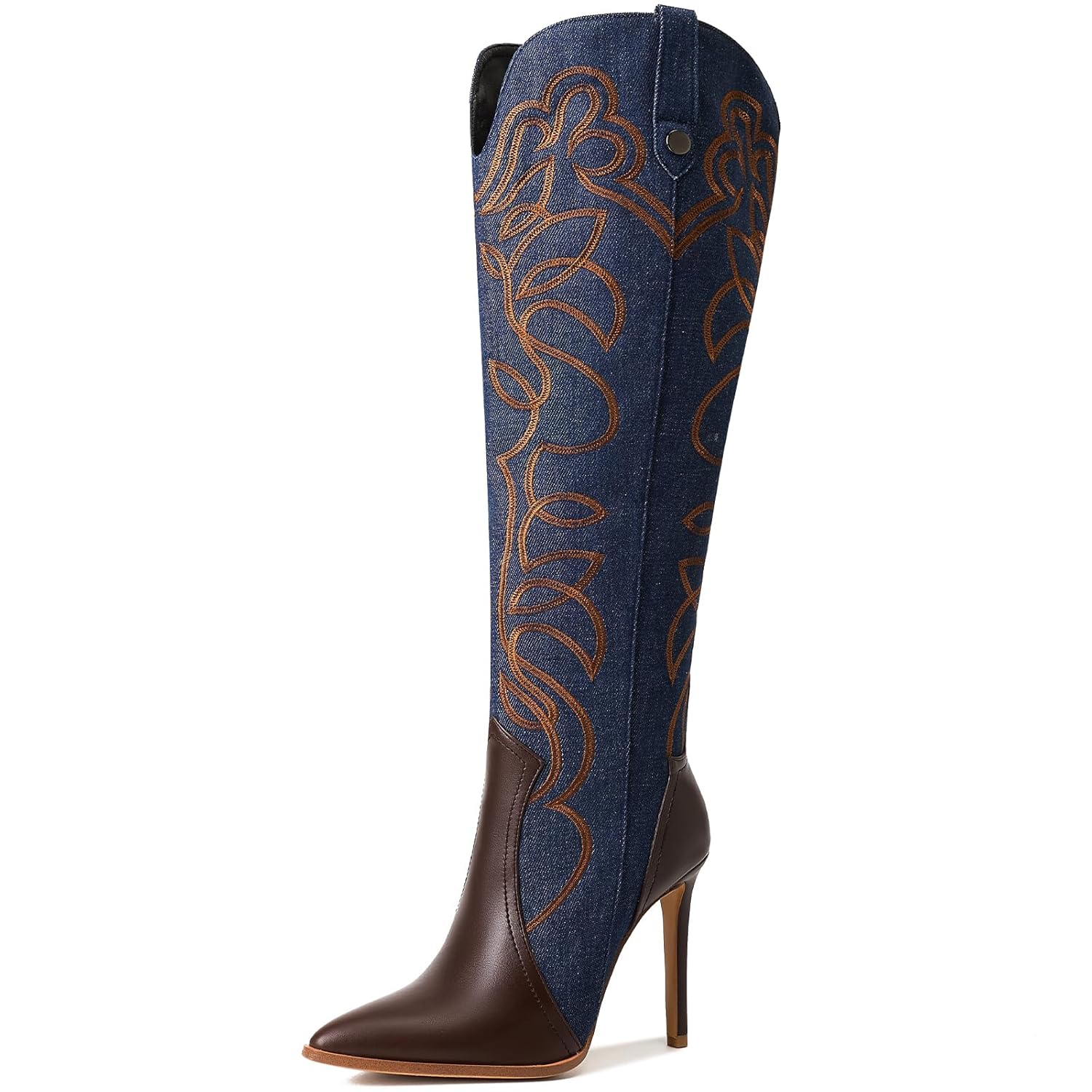 Womens Cowboy Boots Wide Calf Stiletto Knee High Fashion Pointed Toe Side Zipper High Heel Boots