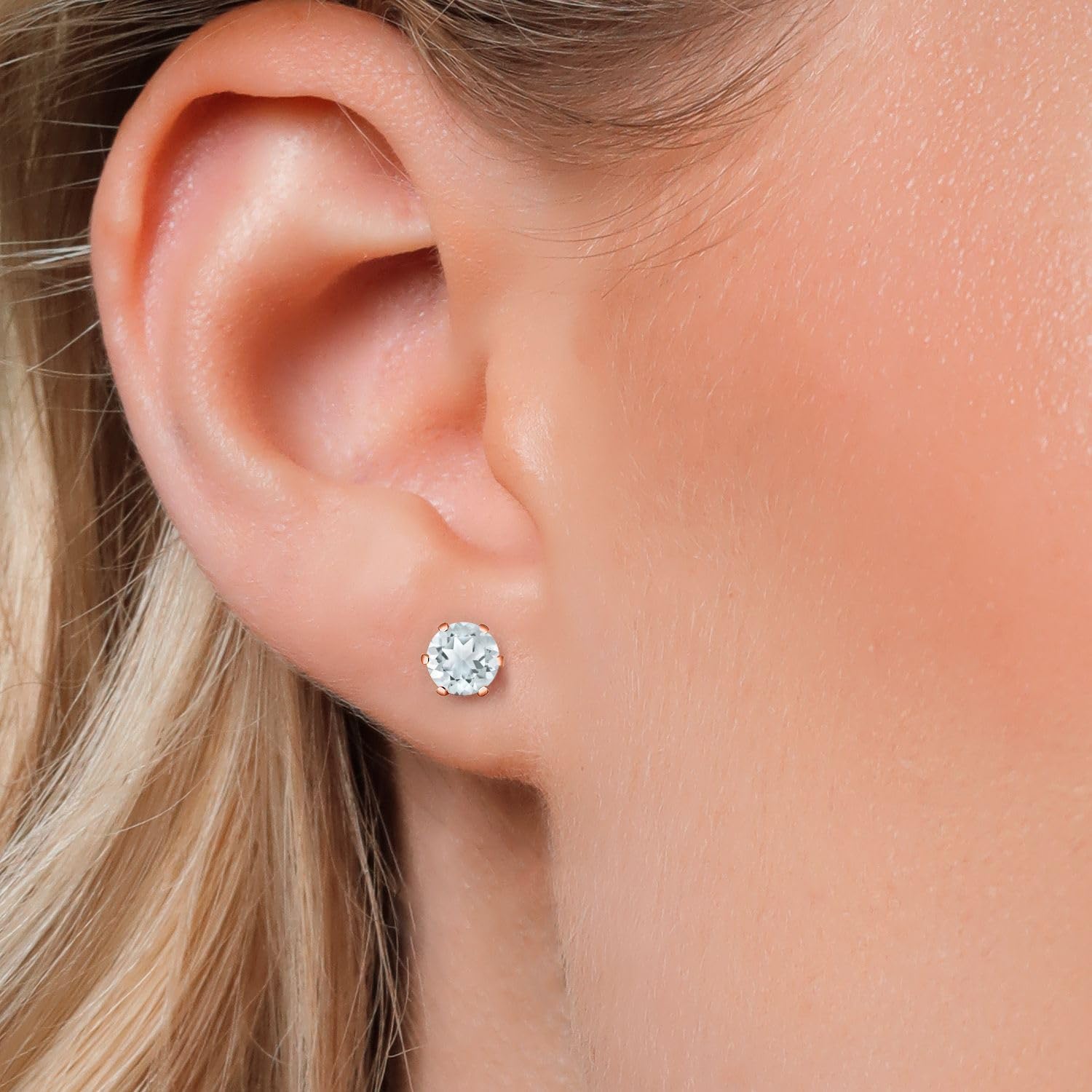 Gem Stone King 0.88 Ct Round Shape Sky Blue Aquamarine Rose Gold Plated Brass Stud Earrings For Women Men
