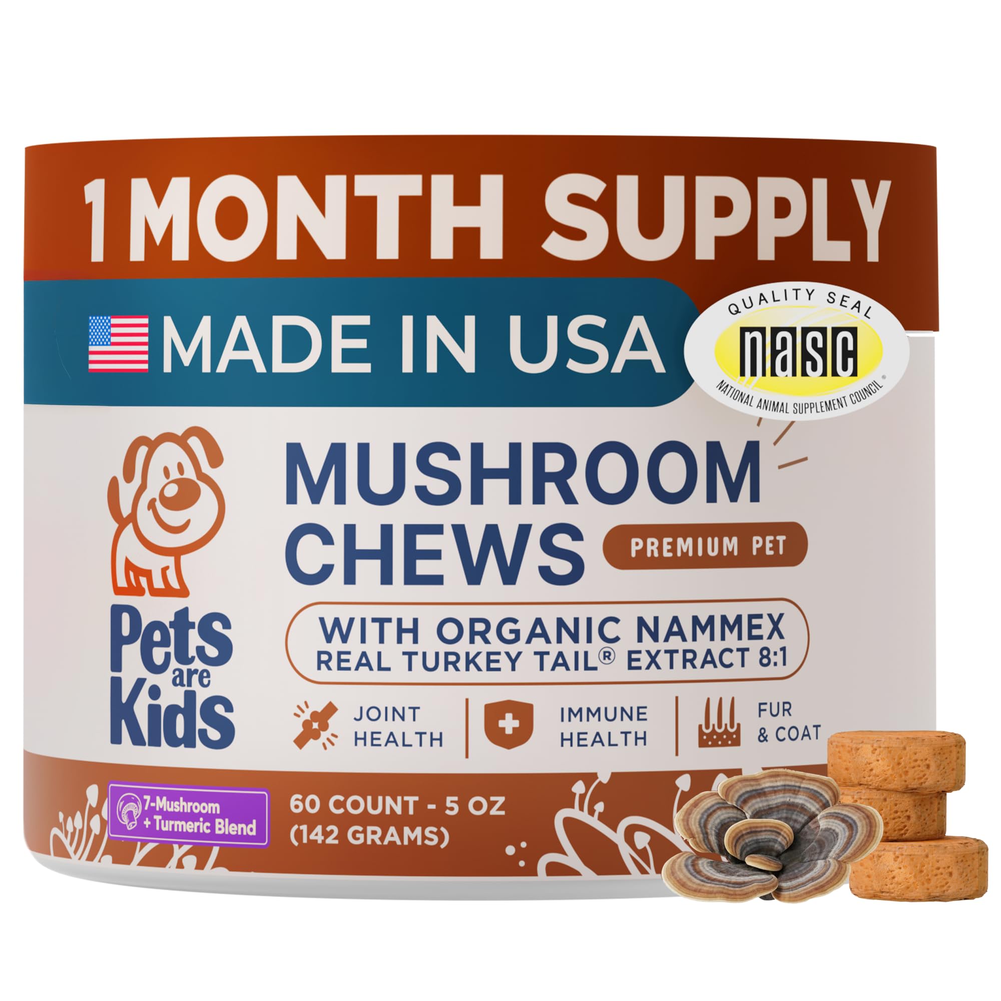Pets Are Kids Too Suplemento para cães com cogumelos, cúrcuma e 60 mastigáveis