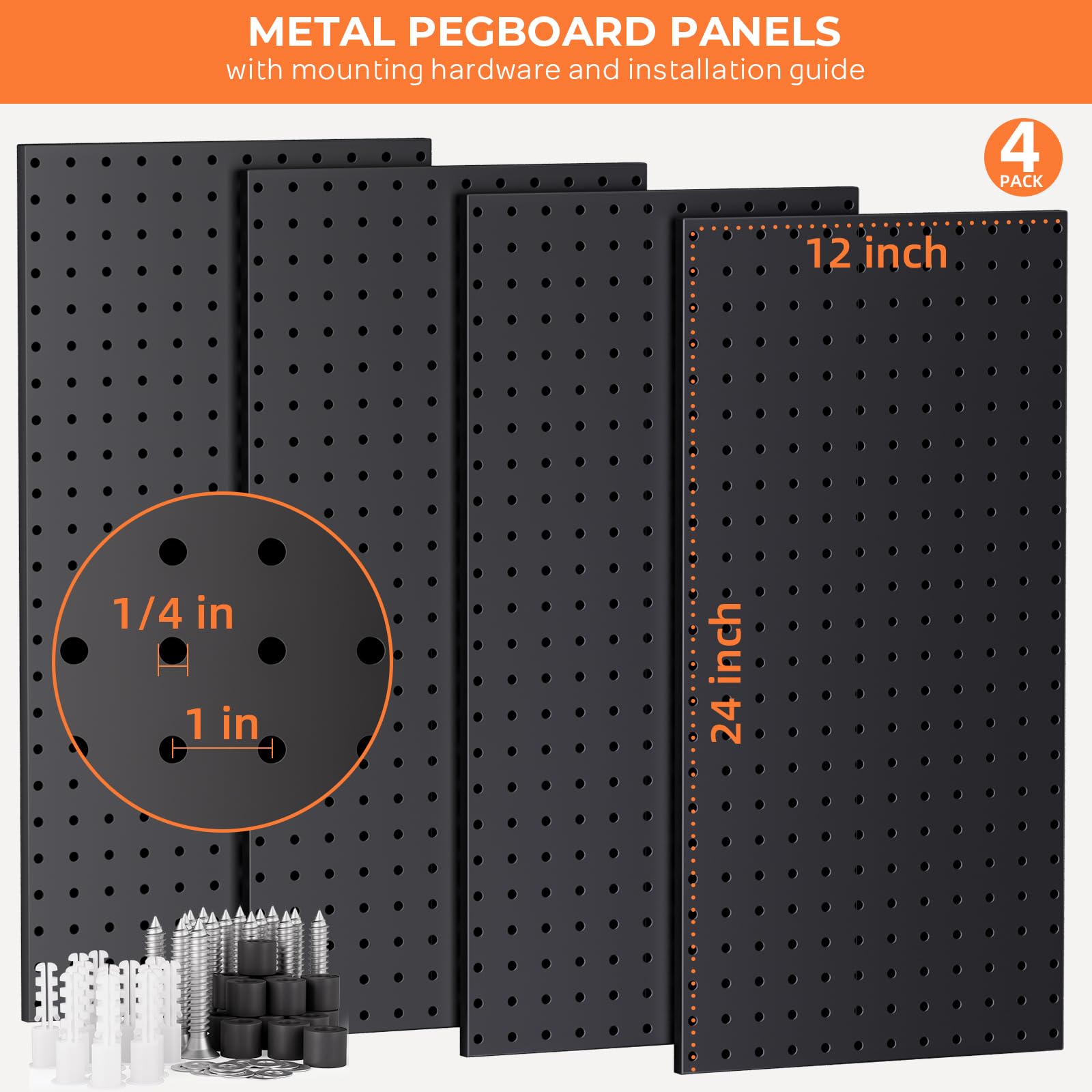 INCLY Paquete de 4 tableros de clavijas, paneles de metal resistente de 12 x 24 pulgadas, organizador de pared de tablero de clavijas negro, paneles de tablero de clavijas para paredes, hogar
