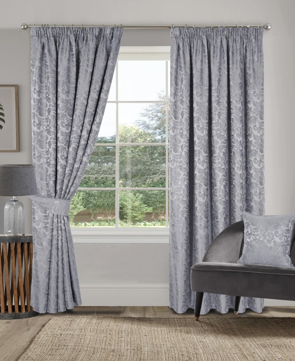 Pikk - Fully Lined Buckingham - Floral Jacquard Fully Lined Curtains - Pencil Pleat Header - Polyester (Grey, 46" x 72" / 113cm x 183cm)