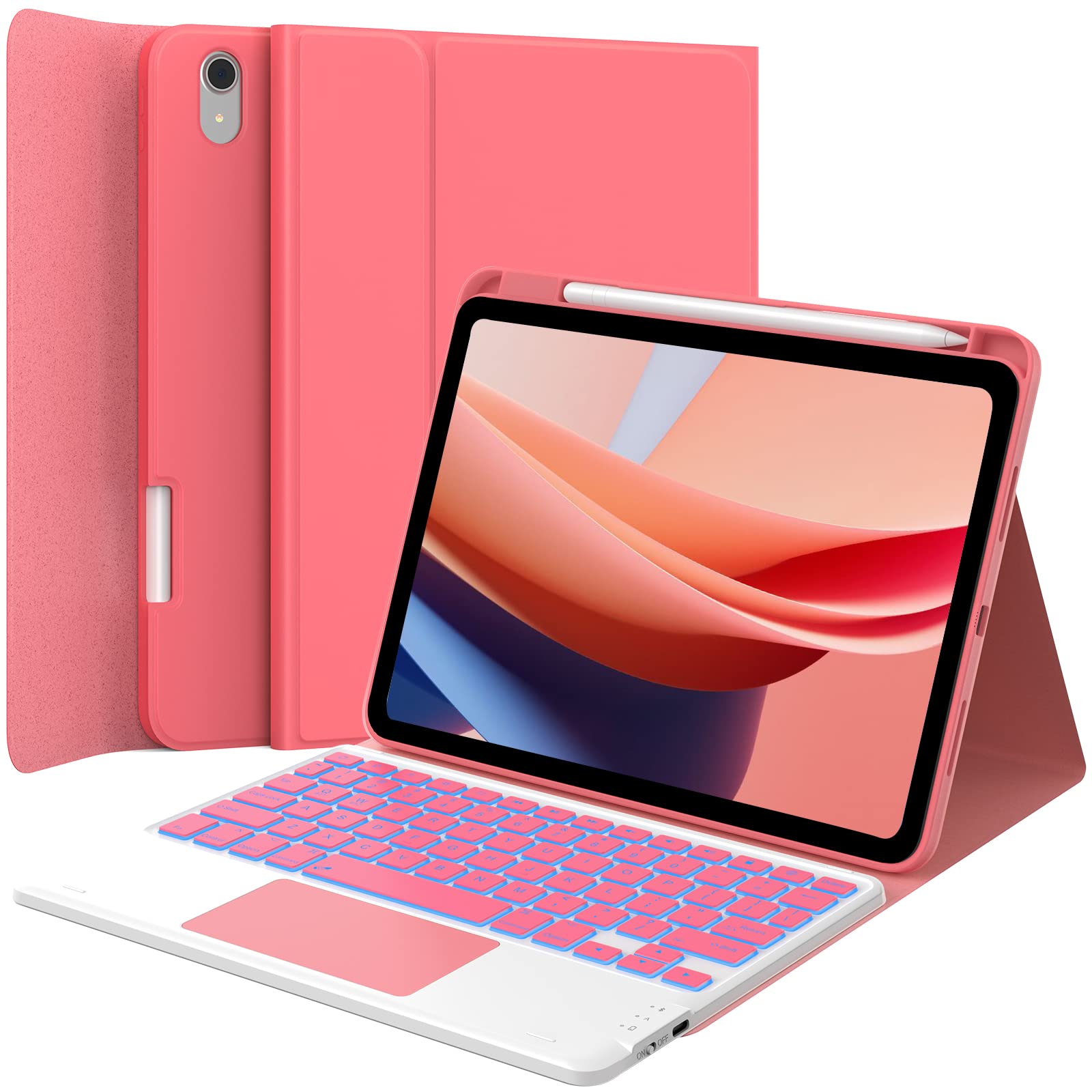 GreenLaw iPad 10th Generation Case with Keyboard, Stain-Resistant Surface, Dual-Device Connection, 7 Color Backlit, Detachable Wireless Keyboard for iPad 10th Gen. 10.9" 2022, Rose Red