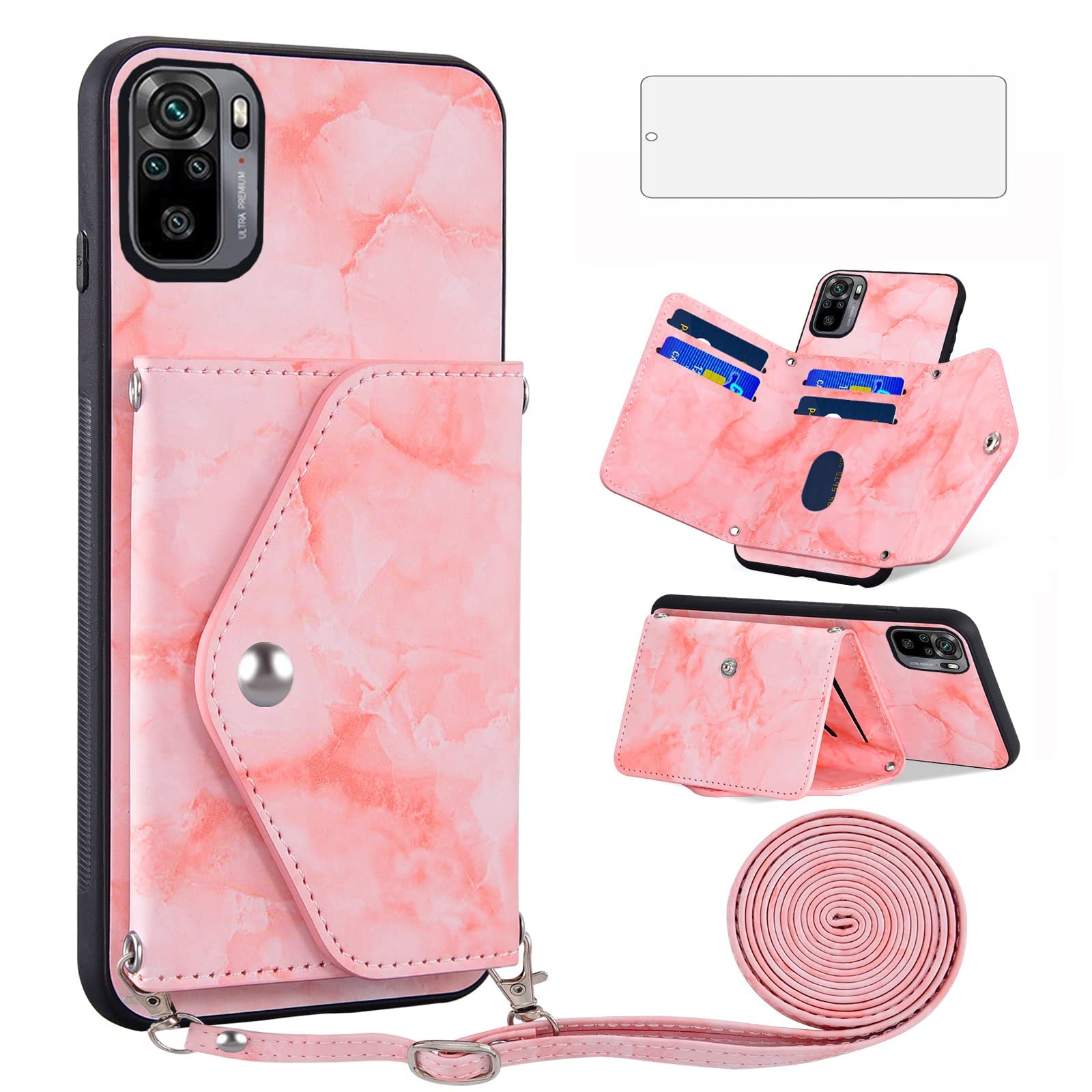 Custodia Per Xiaomi Redmi Note 10S / Note 10 4G Con Supporto Ad Anello Magnetico E Vetro Temperato Incluso, TPU Morbido E Plastica Rigida, Resistente, Colore Rosso - 4