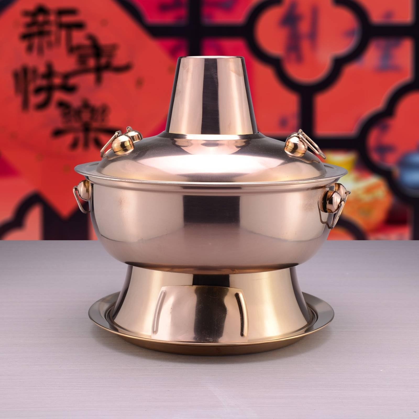 Pentola Tradizionale da Tavola Cinese Acciaio Inox Ispessito Fornello a Carbone Effetto Rame Antico per Ristoratori, Ristorante, Argento, 30 Cm