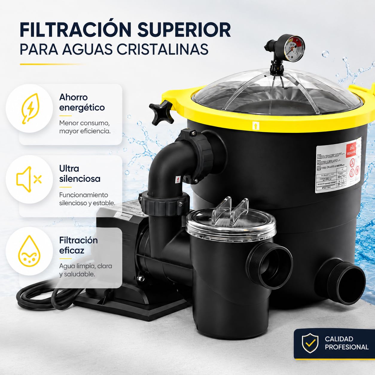 Depuradora de piscina TOPFILTER 4.800 l/h, ULTRASILENCIOSO bomba de solo 80W con prefiltro y conexión Intex ® / Bestway ® 32 y 38 mm