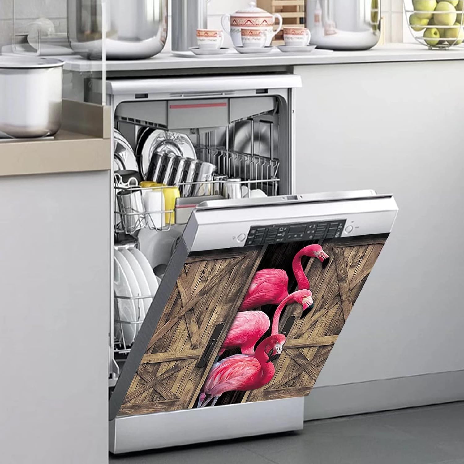 Flamingo Magnet Dishwasher Decal,Farmhouse Front Door Dishwasher Cover Decoration,Wood Frame Fridge Magnetic,Funny Animal Sticker for Refrigerator Skin,Home Appliance Kitchen Decor 23"x26"