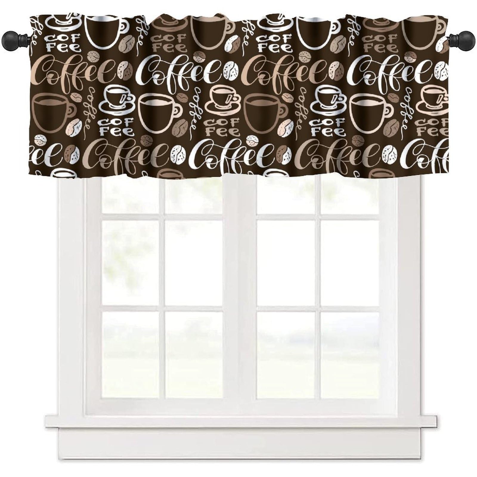 JADERYS Coffee Valance Curtains Abstract Cafe Cup Rustic Vintage Brown White Rod Pocket Curtain Valance for Kitchen Bedroom Living Room Decor 1 Panel