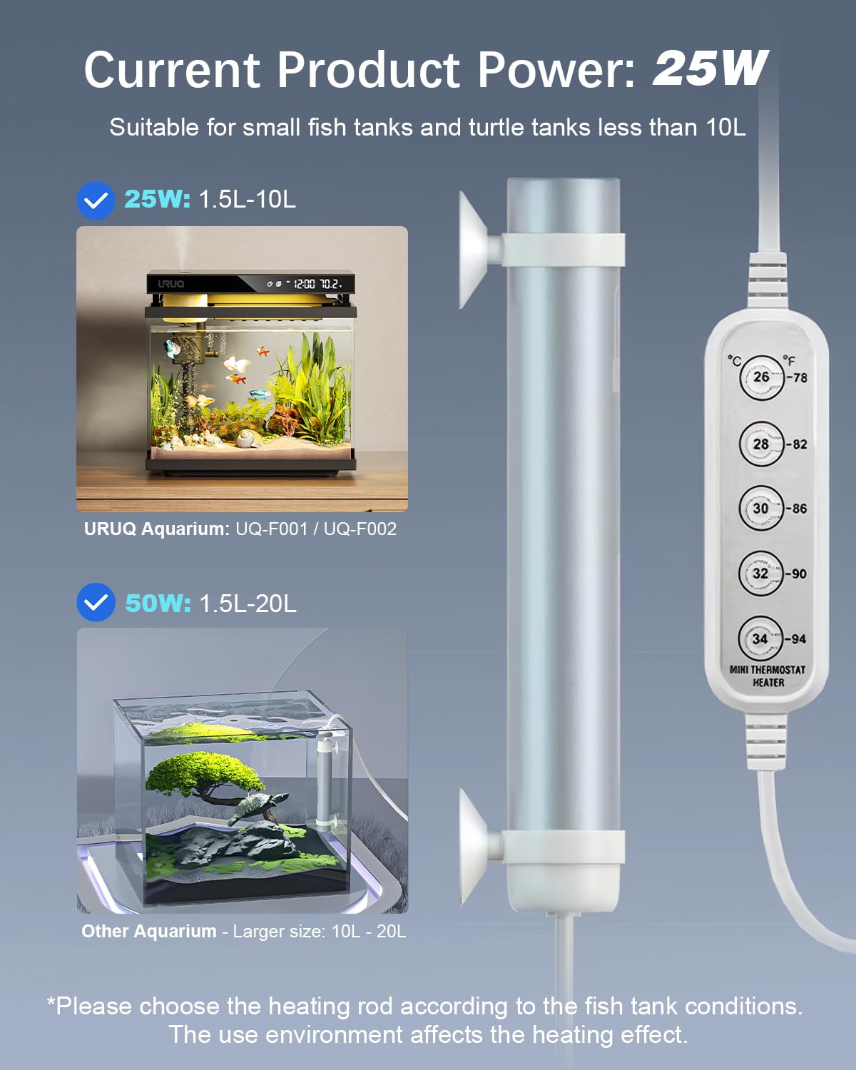URUQ Calentador pequeño para acuario Betta de 25 W con 2 ventosas, temperatura constante automática, menos de 2.6 galones