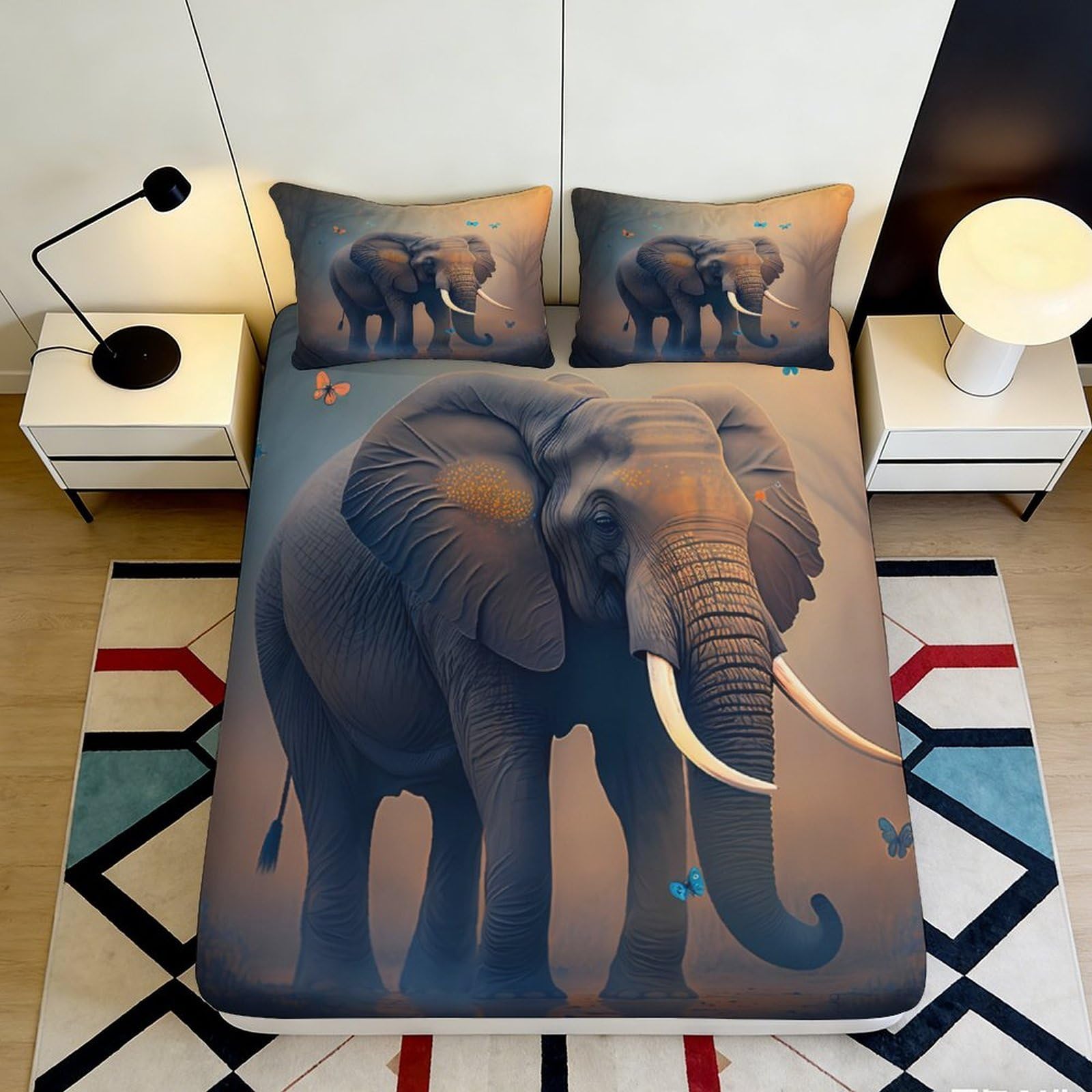 3D Printed Elephant Safari Fitted Sheet Microfiber Soft Anti-Slip African Wildlife Bed Cover for Bedroom Guest Room Decor 90x200x25cm