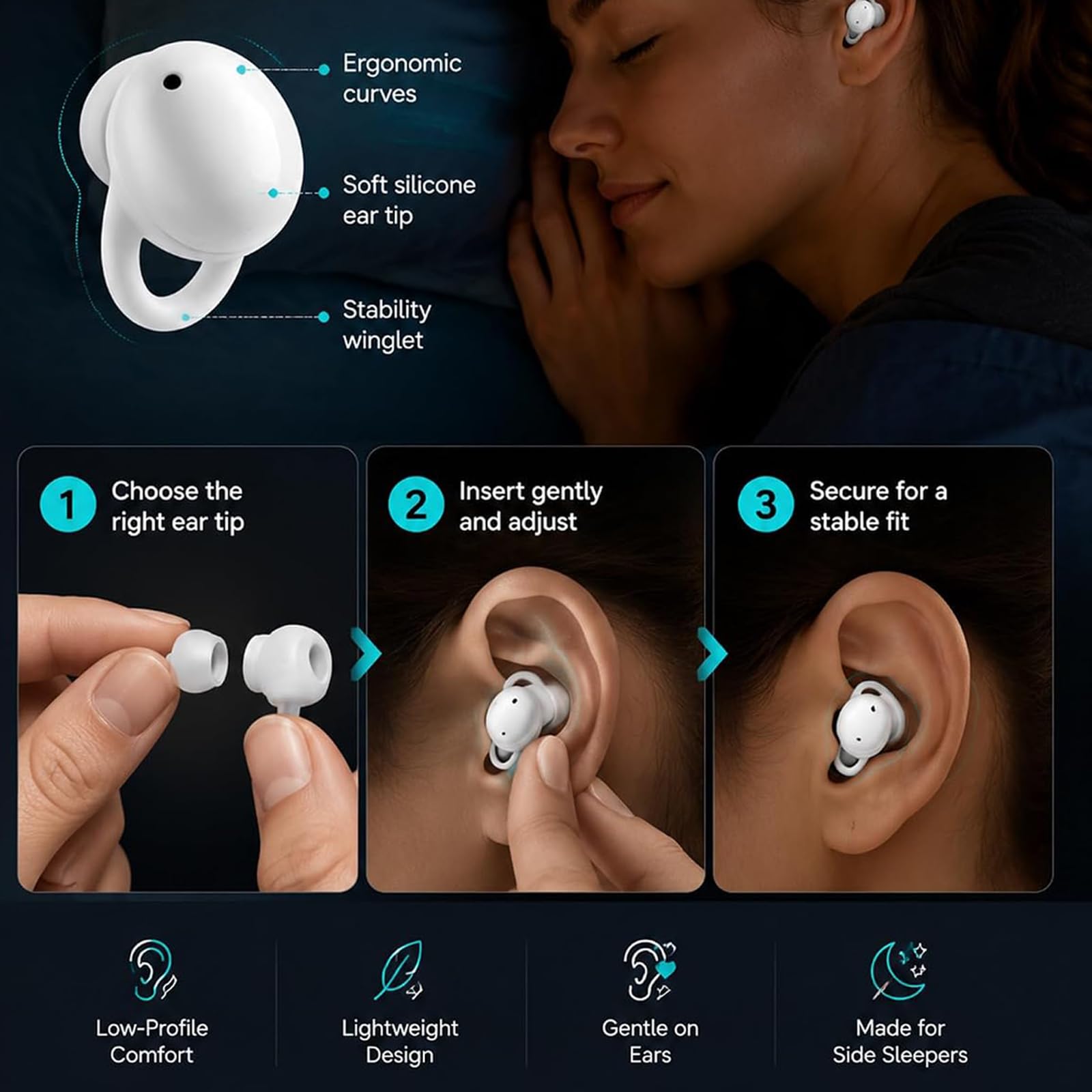 Auriculares ANC InvisibleFit para Dormir, Auriculares ANC para Dormir De Lado, Auricular Inalámbrico con Cancelación De Ruido Mini Compacto, Ideal para Relajación, Sueño Reparador (White)