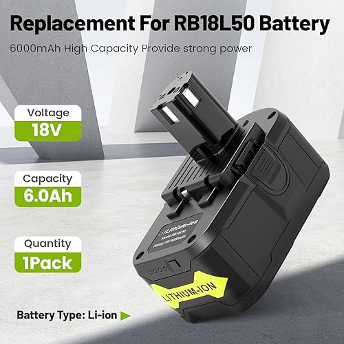 Miniatura 2 de Paquete de 1 batería de litio RB18L50 18V 6000mAh de repuesto para Ryobi con cargador LUB18V