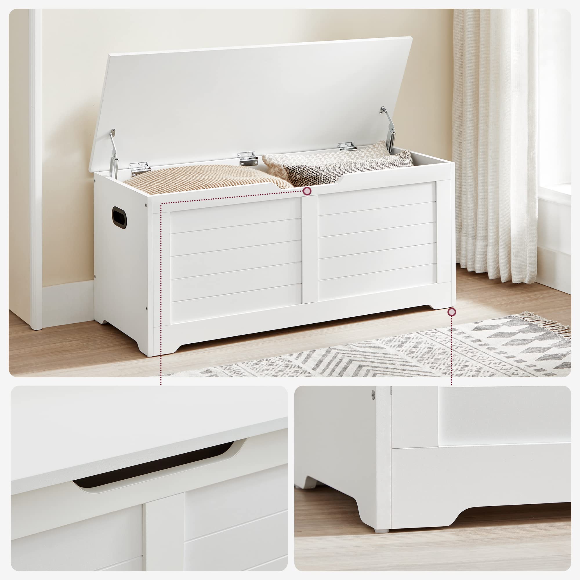 VASAGLE Coffre de Rangement, Banc à Chaussures, avec 2 Charnières de Sécurité, Imitation Grange, 40 x 100 x 46 cm, pour Entrée, Couloir, Chambre, Salon, Blanc Nuage LSB061T10