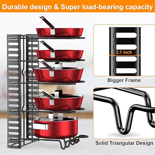Miniatura 5 de Organizador de ollas y sartenes para armario con 2 ganchos, organizador ajustable para ollas y sartenes para gabinete, 8 niveles, construcción de