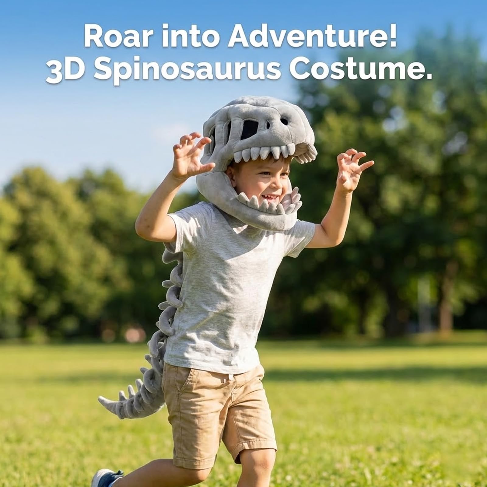Silly Dino Plush Skeleton, Dinosaur Skeleton Costume with 3D Spinosaurus Skull Mask for Dress-Up, Party Fun — view 3