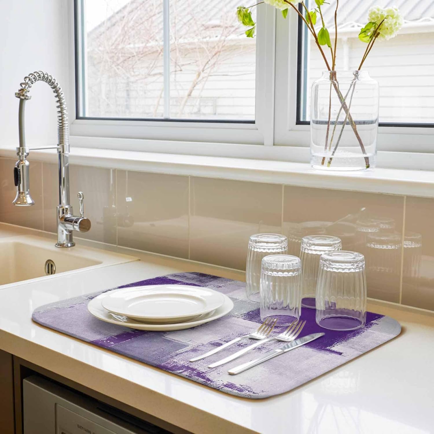Abstract Purple Color Block Dish Drying Mats for Kitchen Counter,Absorbent Microfiber Dish Drainer Rack Mat Watercolor Geometric Graffiti Style Drying Pad for Sinks,Utensils,Countertops,18x24in