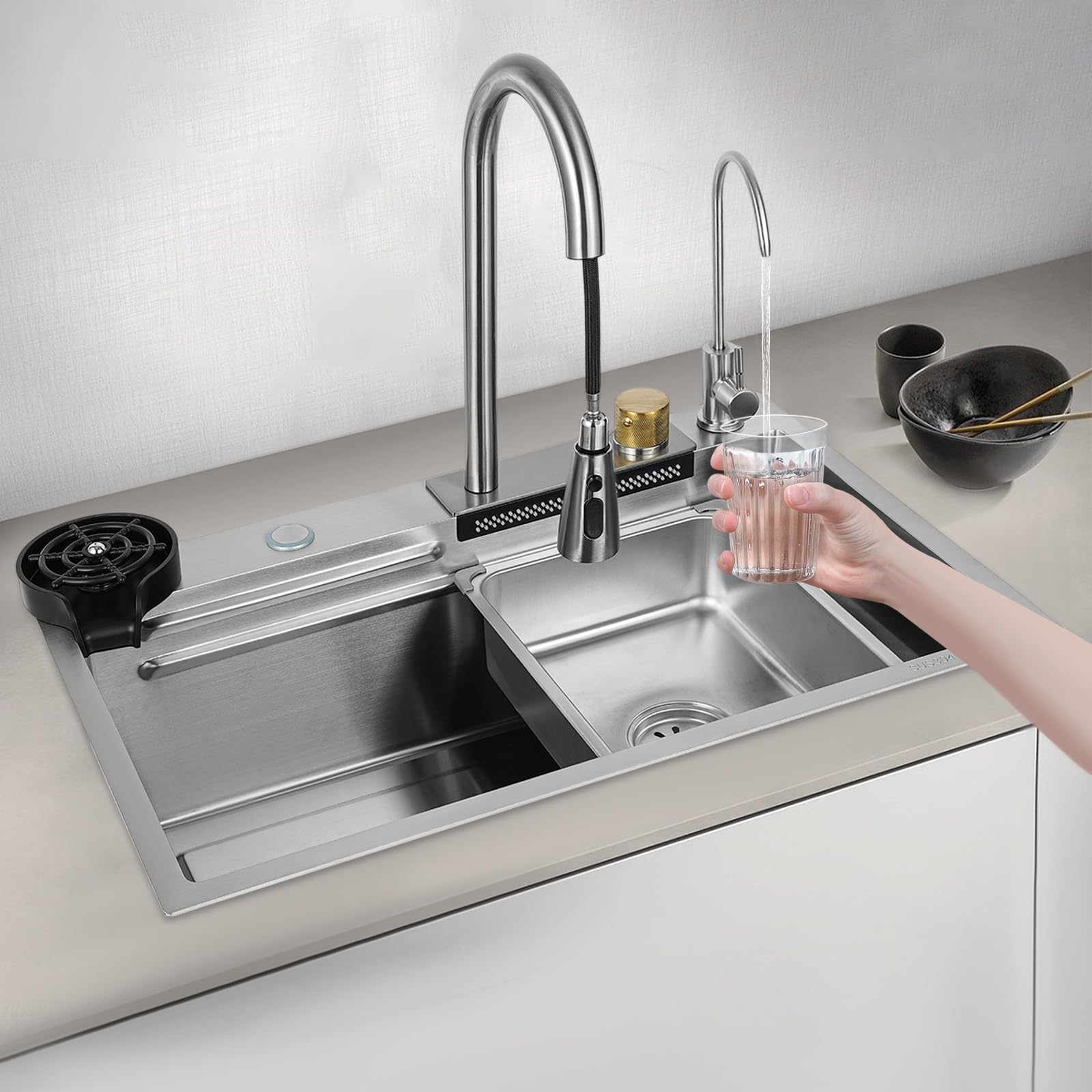 Lavandino da cucina a cascata, lavello in acciaio inox, lavelli per la casa, lavello integrato con rubinetto rimovibile