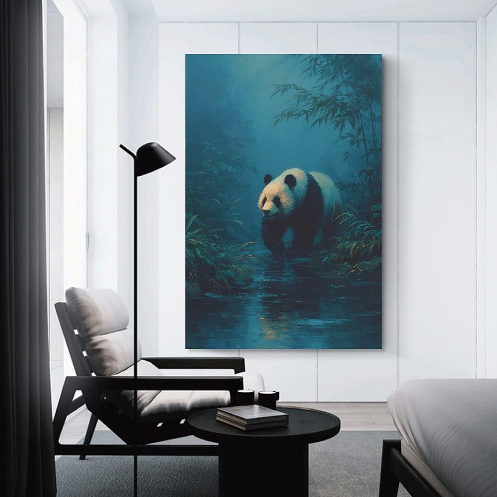 Junmoney Canvas Art Print Panda in A Rainy Bamboo Forest, 24x36inch(60x90cm), for Feature Walls in Flats Or Modern Rooms, Wall Decor Suited to Curated Displays