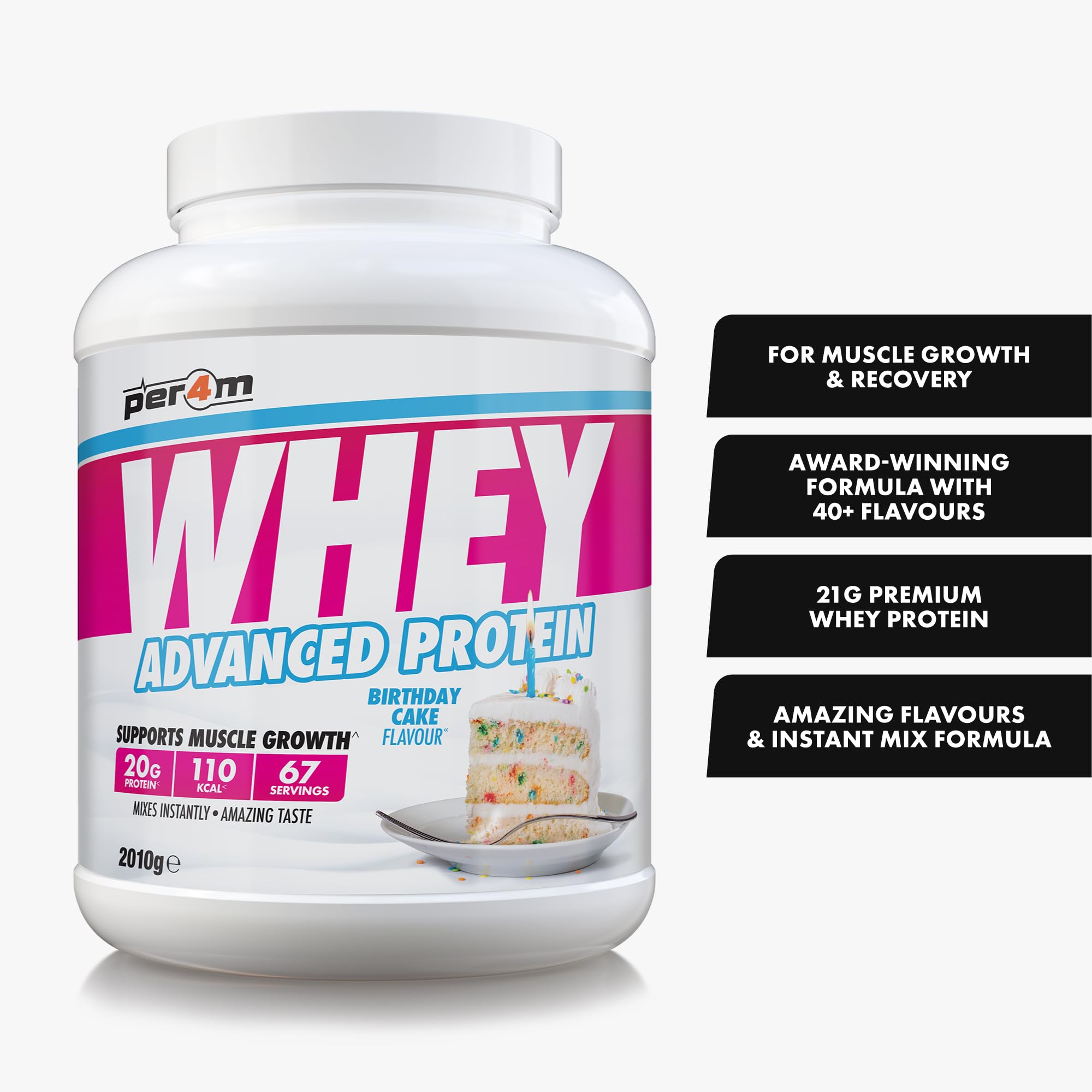 Per4m Whey Protein Concentrée, Prise de Masse et Récupération Musculaire, Acides Aminés Essentiels, Haute Protéine, Faible en Glucides, Complément Fitness Sport – Birthday Cake – 2010g