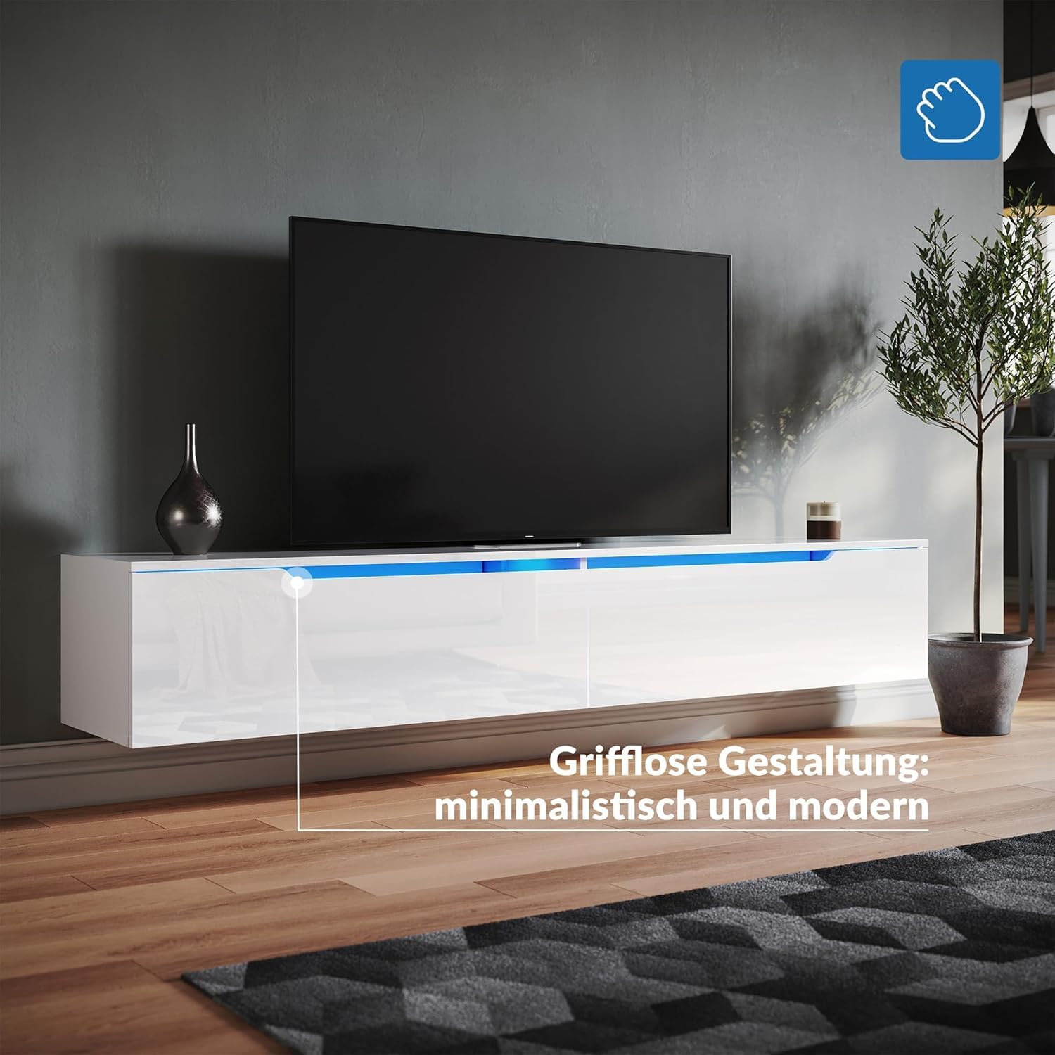 SONNI TV Schank, Lowboard Weiß Hochglanz hängend 180x35x30cm mit LED-Beleuchtung(12 Farben können eingestellt werden), Griffloses Design, TV Board, Fernseherschank, Fernsehtisch, TV-Regal. GTV009W-180