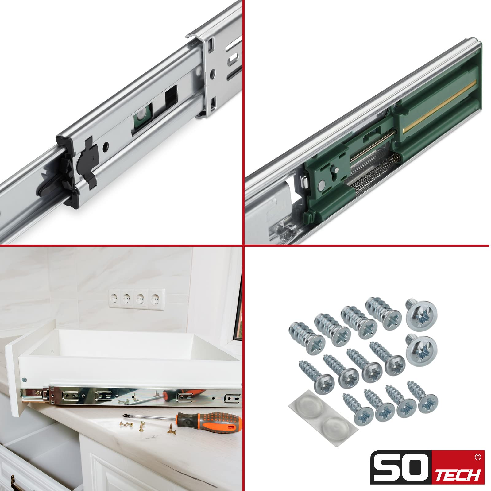 SOTECH 4 Paar Vollauszüge KV-45-H45-L500-SC-MS 500 mm Softclose, Traglast 45 kg, Schubladenschiene inkl. Schraubenset