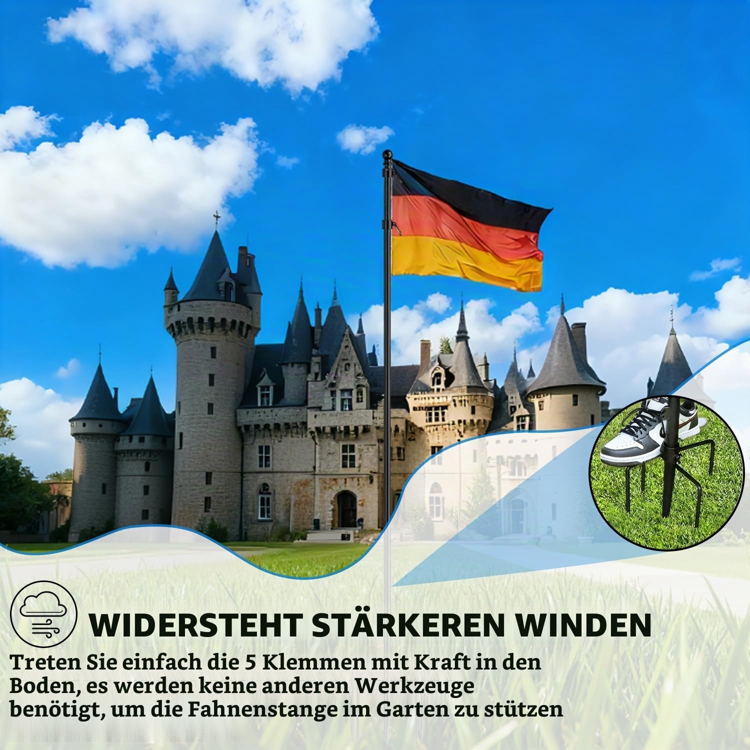 Fahnenmast, 3m, Aluminium, mit Erdspieß, für Garten und Terrasse