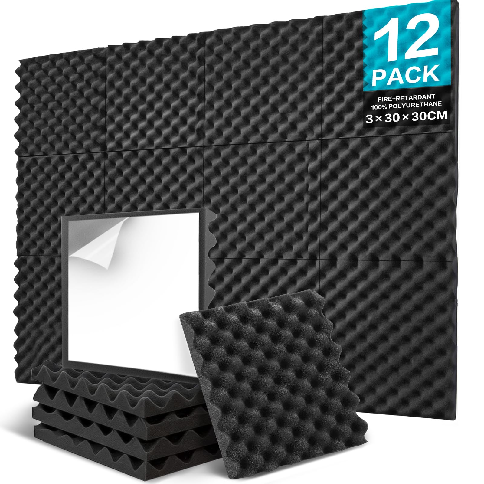 JBER Paquete de 12 paneles de aislamiento acústico autoadhesivos, paneles acústicos de 30 x 30 x 3 cm, paneles de pared de espuma acústica de alta densidad para estudio de grabación, oficina en casa