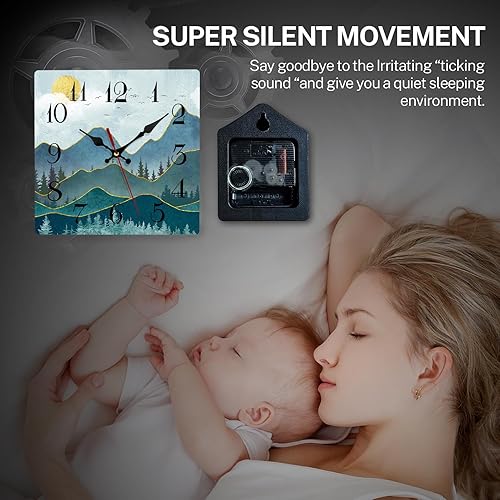 Miniatura 2 de ArtSocket Reloj de pared de madera Green Mountain, silencioso, sin tictac, estilo bohemio, de mediados de siglo, sol, paisaje, bosque, cuadrado,