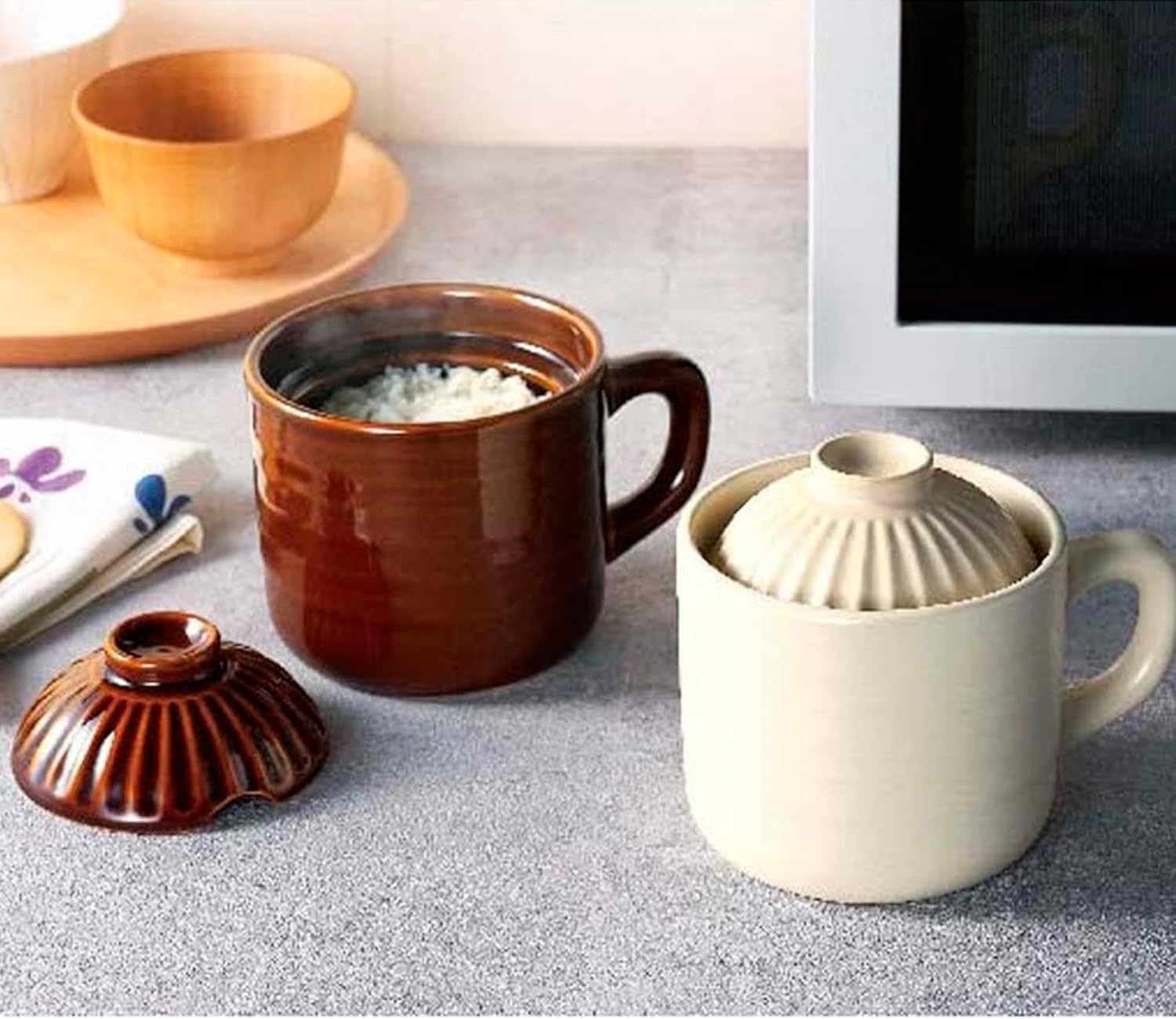Donabe Microwave Rice Cooker Mug, 550ml, One Mug, Random Color - Either Brown or White