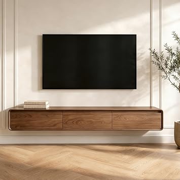 2-in-1 Floating & Floor Standing TV Unit, Modern Walnut Finish Wall Mounted TV Stand with 3 Drawers, 200cm Large Storage Multimedia Centre for Living Room, Fits up to 90 Inch TVs