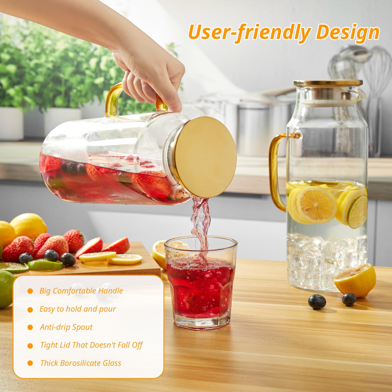 Lot de 2 pichets en verre de 2 litres avec couvercle et bec verseur, carafe à eau en verre pour réfrigérateur, carafe en verre pour eau chaude/froide, grande carafe pour thé glacé, café, jus et