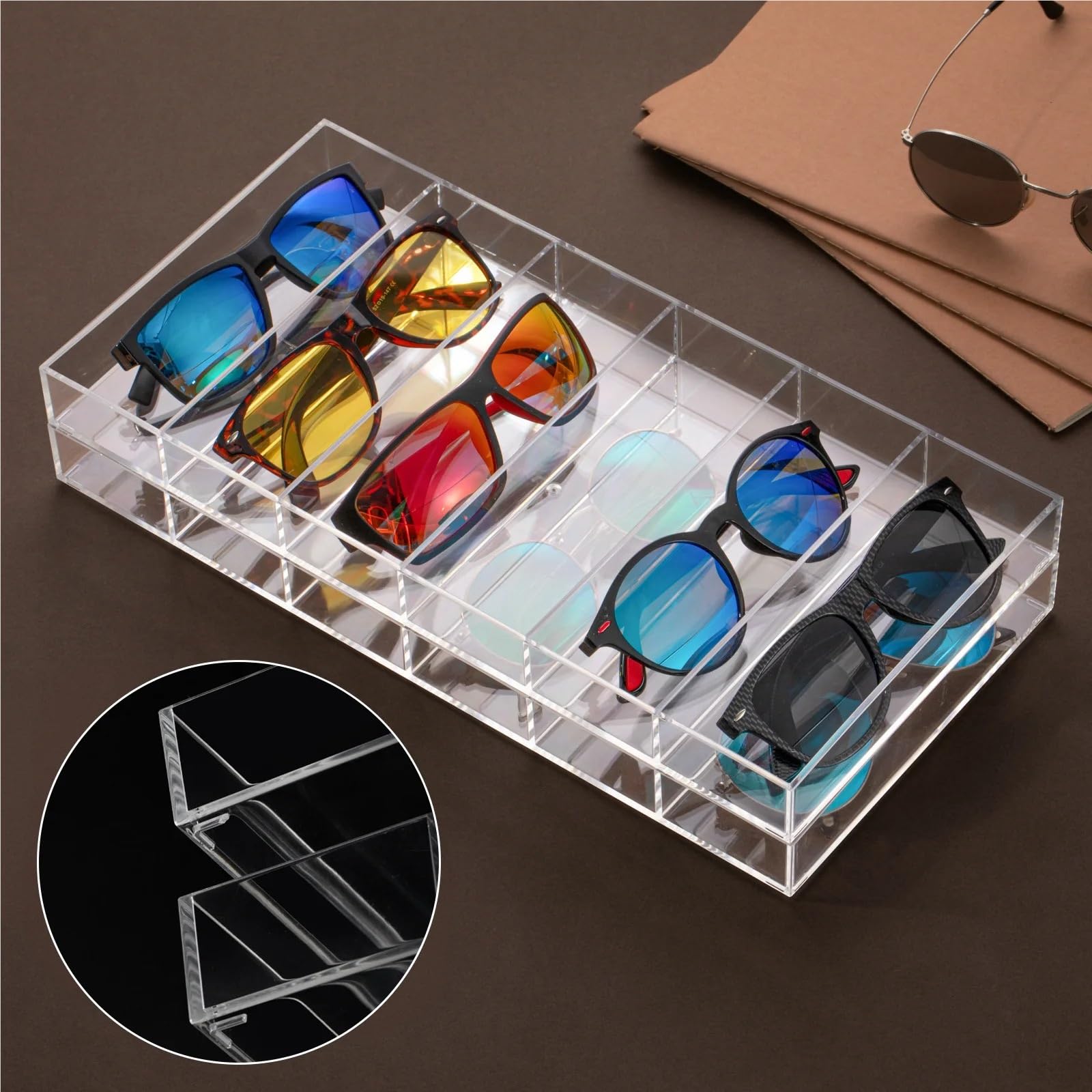 Paquete de 2 bandejas transparentes for exhibición gafas sol con 6 compartimentos, estuche almacenamiento organizador cajones for joyas, bandeja maquillaje Para Gafas Joyería Reloj