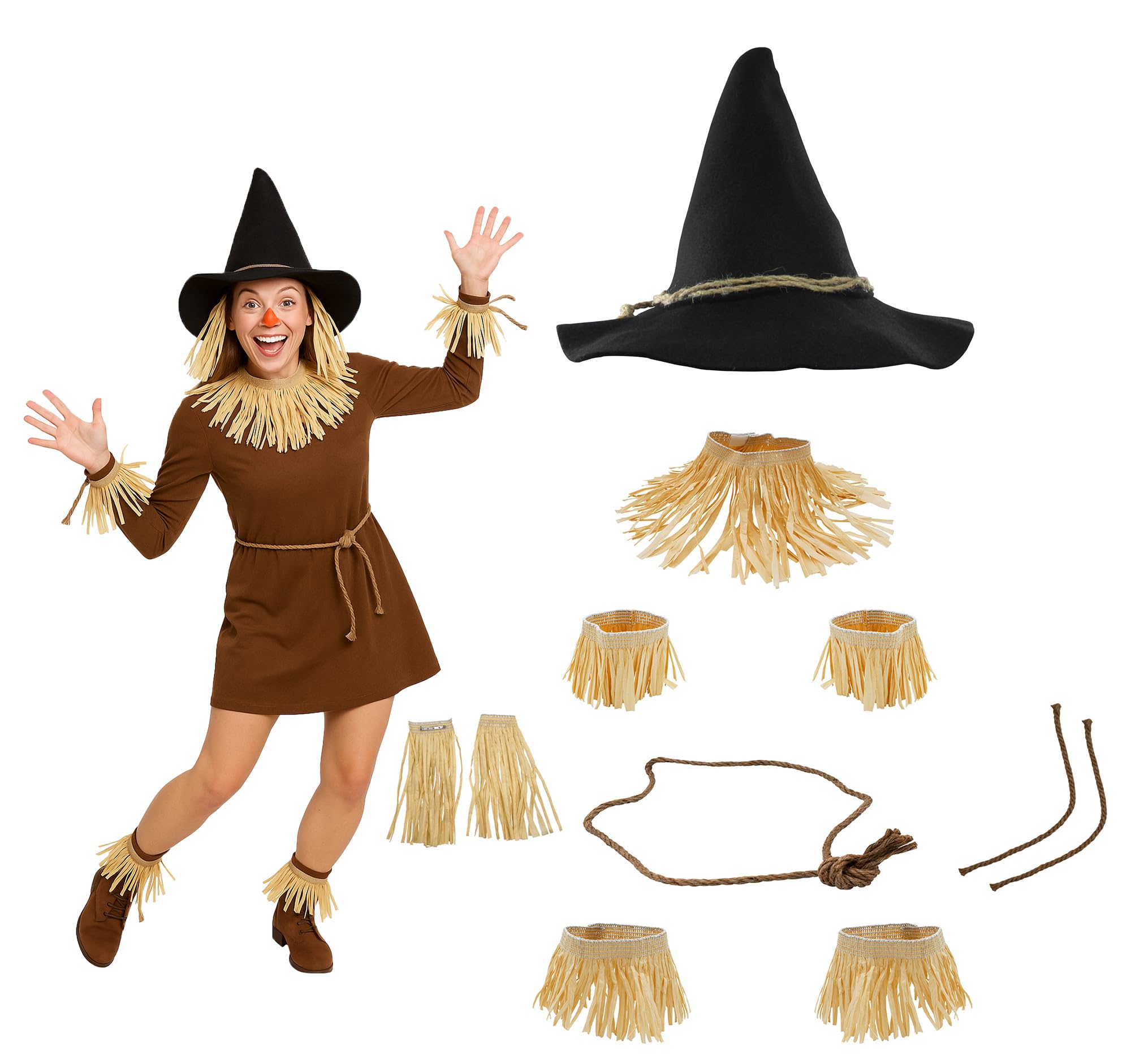 Nicky Bigs Novelties Adult Deluxe Felt Scarecrow Hat and Straw Kit 11 Piece Wizard Witch Halloween Costume Accessory Set