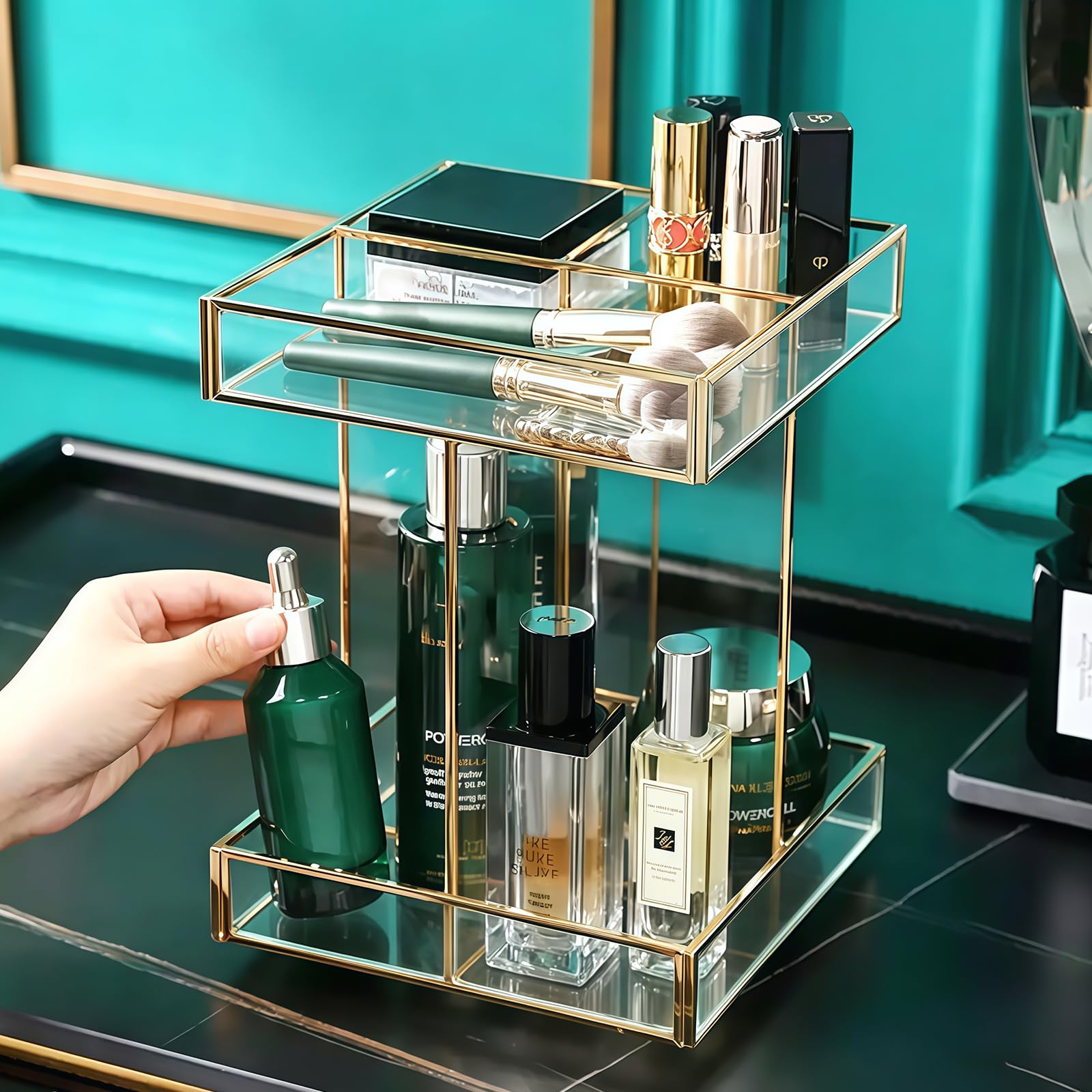Organizador de cosméticos giratorio 360°, gran capacidad, organizador de maquillaje de cristal para vestidor, dormitorio, cuarto de baño