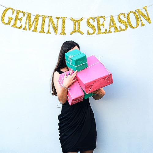 Miniatura 4 de Cartel de la temporada de Géminis con purpurina dorada, letrero de feliz cumpleaños, energía de géminis grande, 12 constelaciones del zodiaco tema