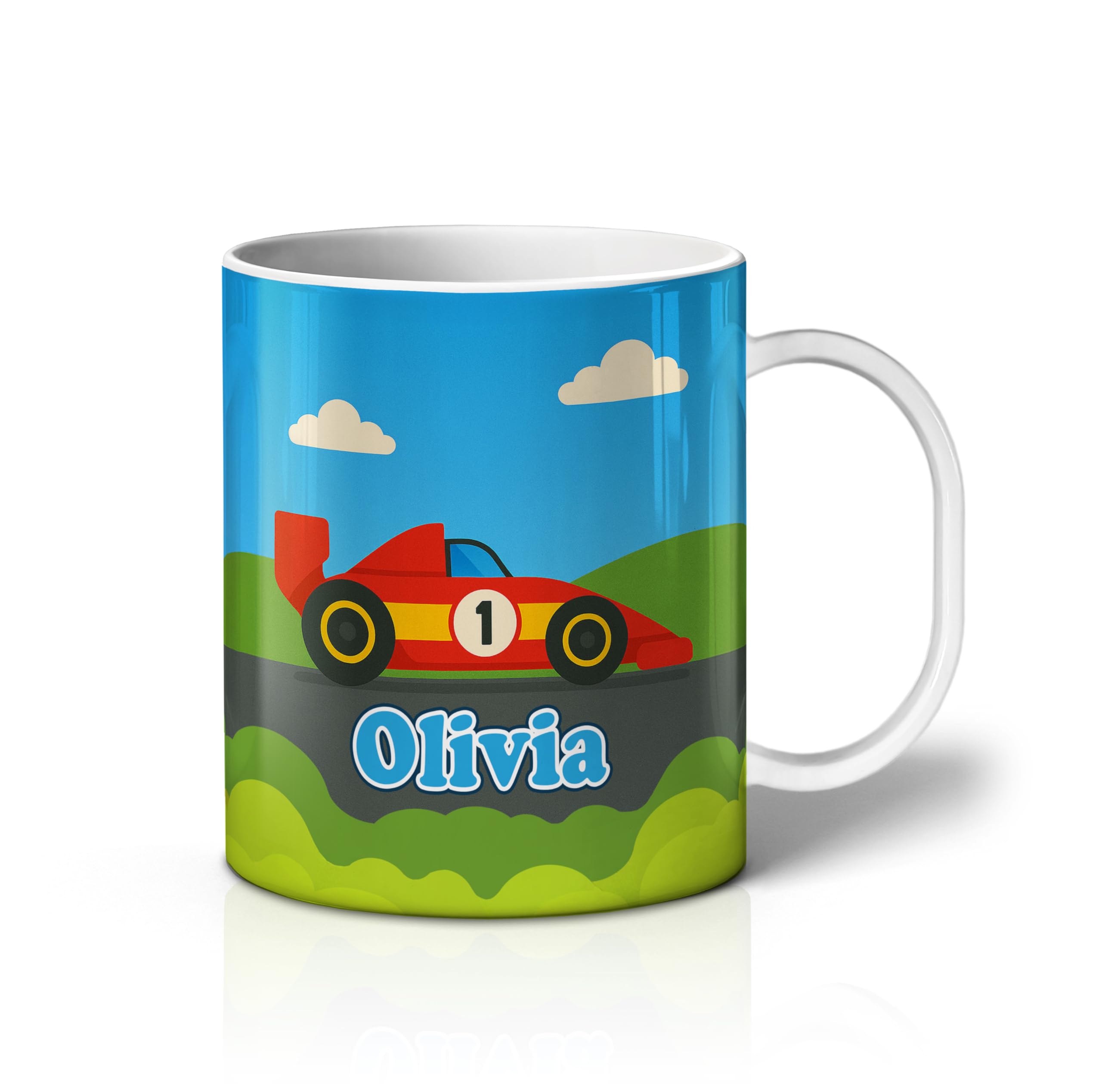 iCaseDesigner Personalised Children's Mug - Unbreakable Lightweight Polymer - Add Your Own Name - Vehicle Theme - Race Car — image 1