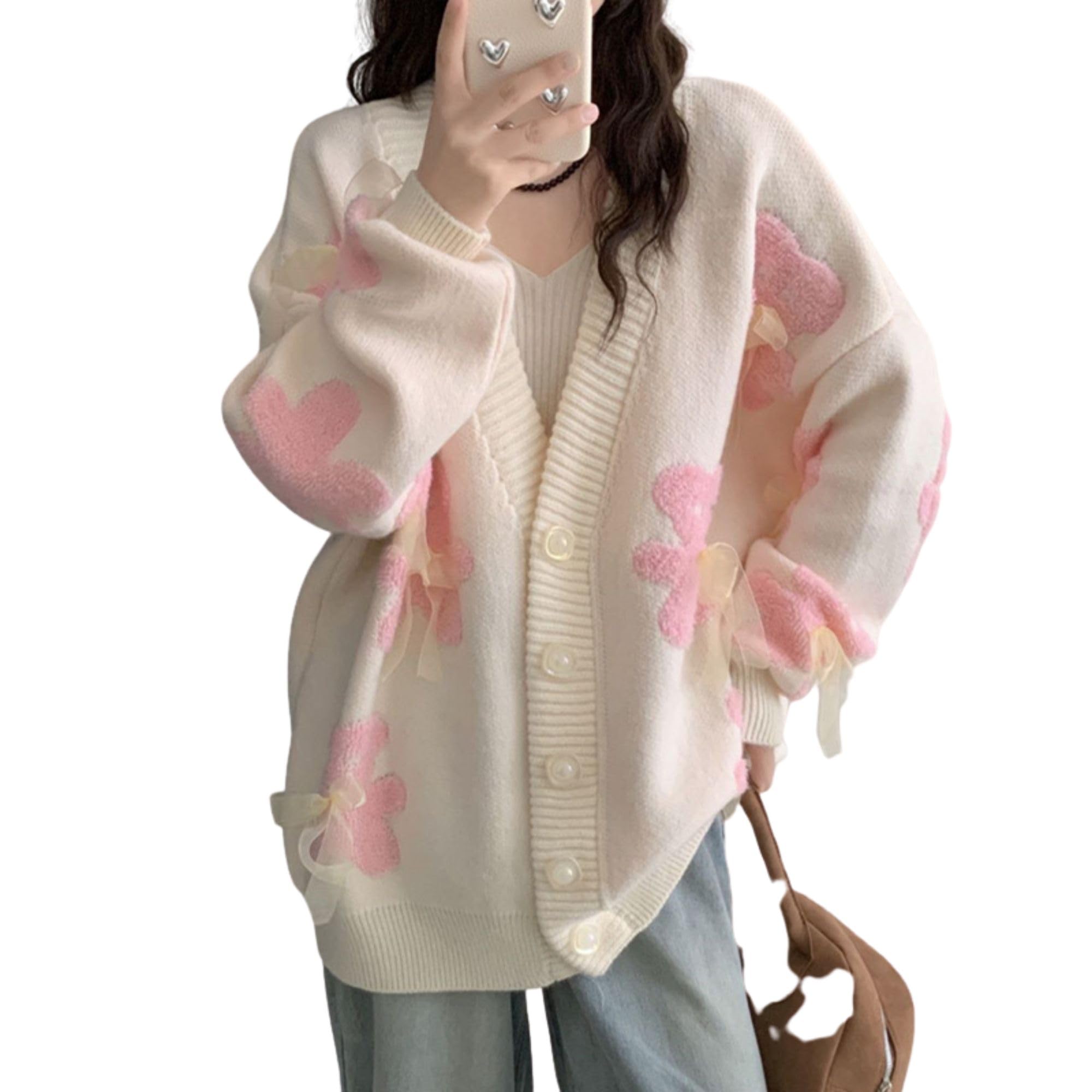 Chevara Womens Cute Bear Knitted Cardigan Long Sleeve Button Up Fuzzy Bear Cardigans Sweaters