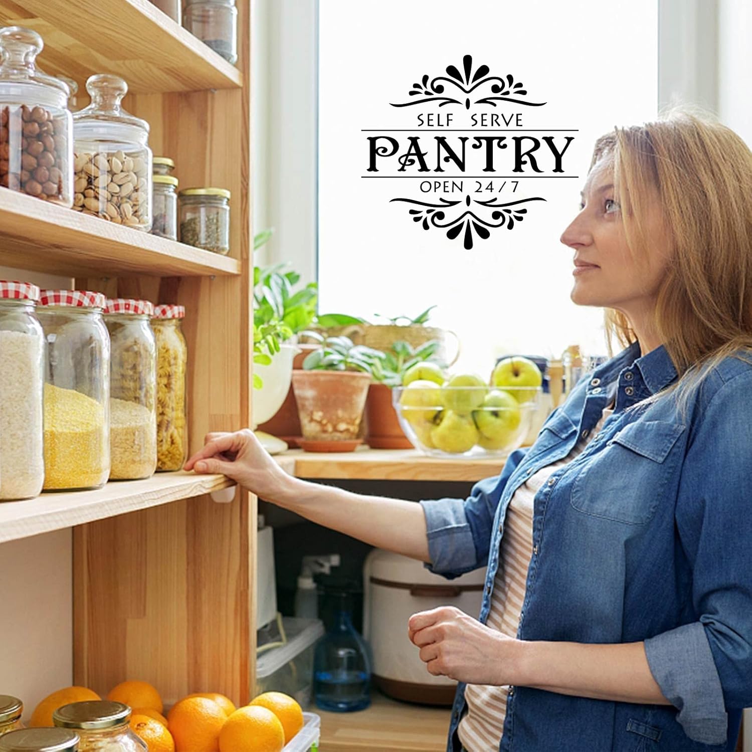 SUPERDANT Pantry Theme Wall Stickers Self Serve Open 24/7 Wall Decor Vintage Flower Texture Vinyl Decals PVC Wallpaper Art Pantry Room Door Store Storage Decoration Sticker Transfer Decor 15.7x13.7in