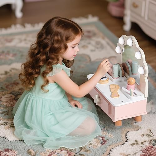 Miniatura 2 de ROBOTIME - Juego de tocador de maquillaje para niños pequeños con espejo y luz, juego de tocador de maquillaje de madera para niños, mesa de vestir