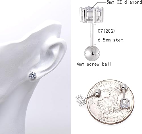 Miniatura 5 de 925 Sterling Silver Solitaire Simulated Diamond Cubic Zirconia Studs Earrings, Screw Backs